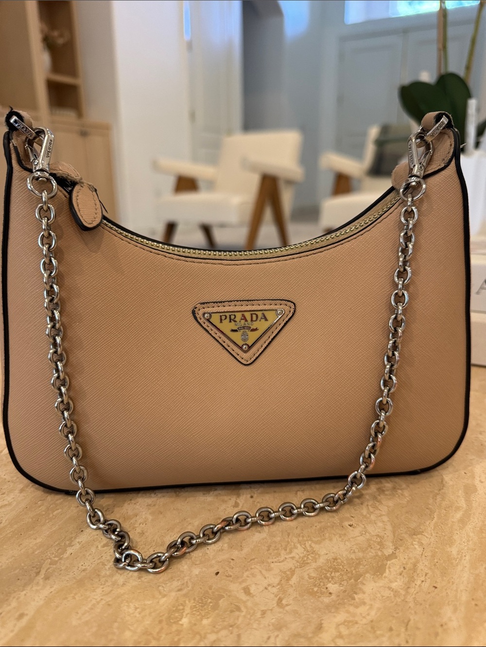Prada Beige Saffiano Shoulder Bag with Silver Chain